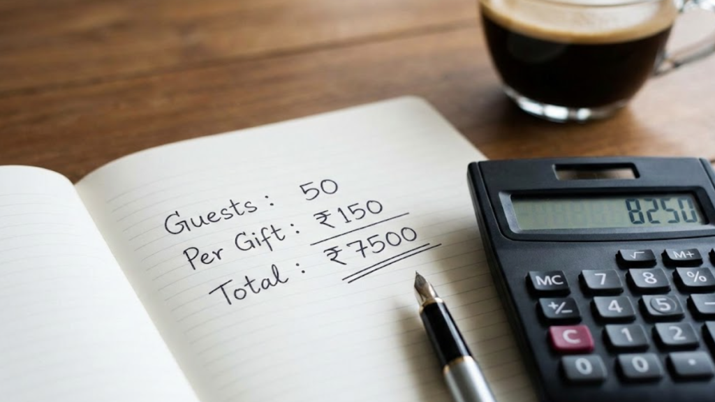 Calculator and notebook showing a return gift budget calculation formula with guest count and per-gift cost.