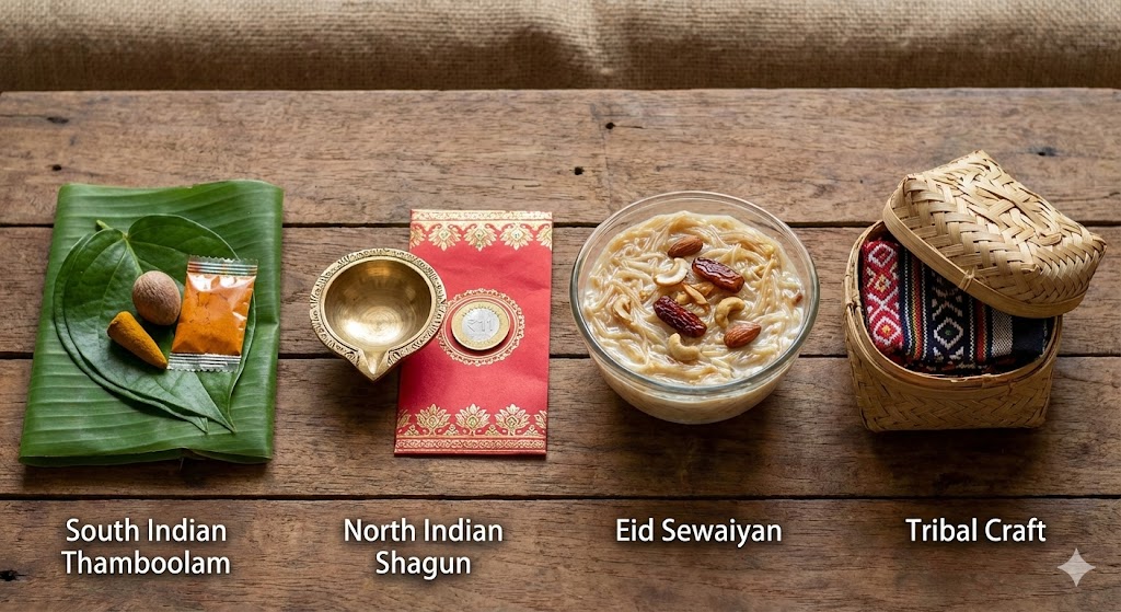 A beautiful flatlay showcasing the diversity of Indian return gifts: a South Indian Thamboolam packet, a North Indian brass diya with shagun, a bowl of Eid sewaiyan, and a tribal bamboo craft item.