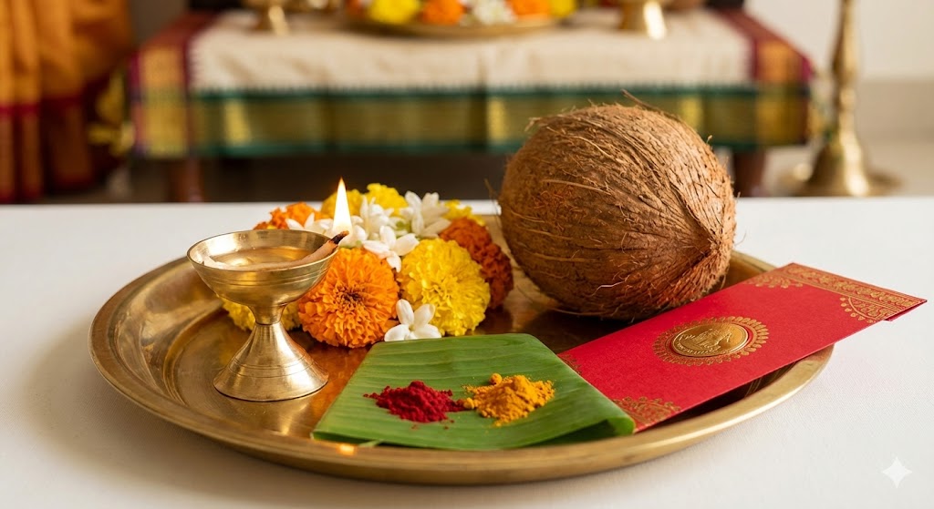 A traditional Indian return gift setup for a religious puja, featuring a brass diya, fresh flowers, and a red shagun envelope, representing culturally necessary gifting.
