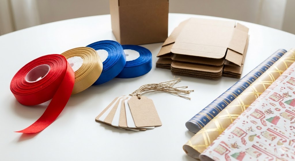 Gift packaging materials including colorful satin ribbons, kraft paper tags, and cardboard boxes representing hidden gifting costs.