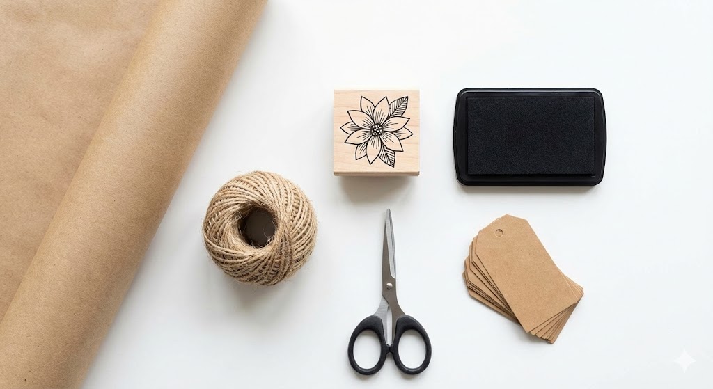 Flat lay of DIY gift wrapping supplies including a roll of kraft paper, jute twine, a floral rubber stamp, ink pad, scissors, and tags.