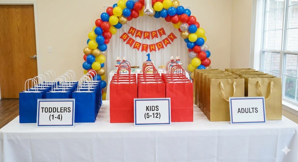 Color-coded return gift bags with signs for Toddlers, Kids, and Adults arranged on a table at a 1st birthday party.