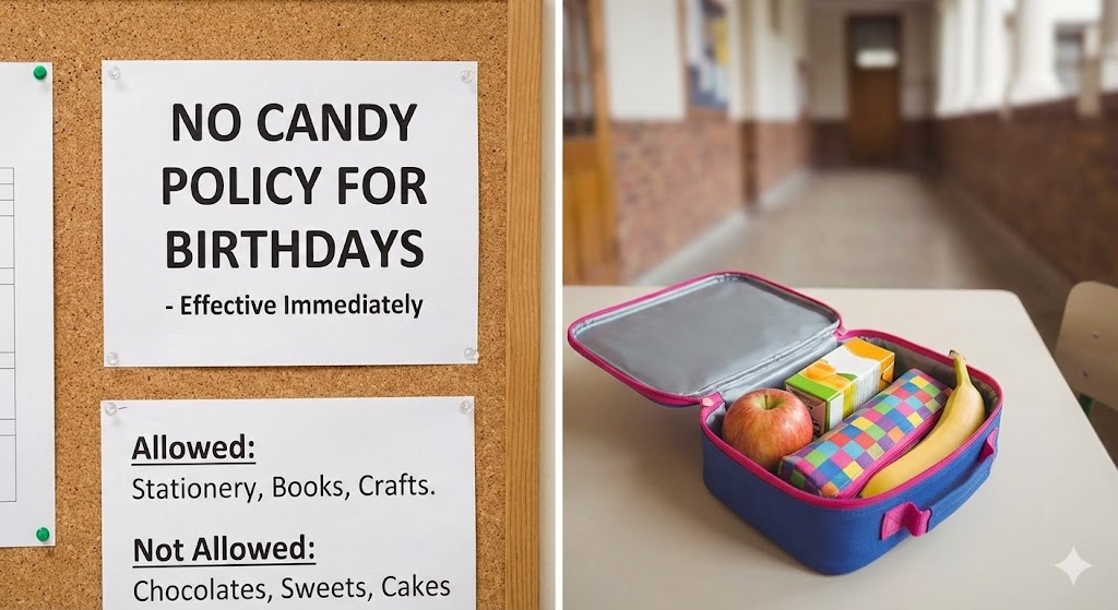 School notice board showing a "No Candy Policy" sign next to a lunchbox filled with healthy snacks and stationery.