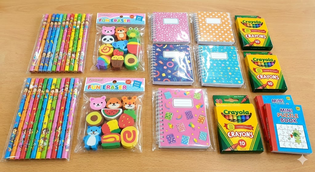 School-approved return gift ideas including colorful stationery sets, fun erasers, and mini notebooks for class distribution.