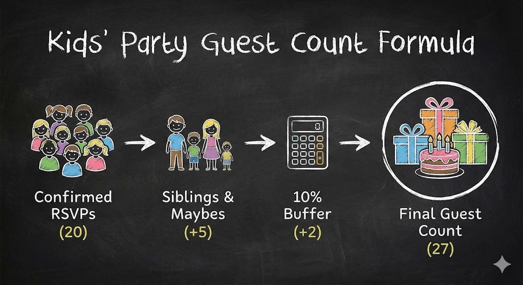Chalkboard infographic illustrating the kids' party guest count formula: Confirmed RSVPs, plus siblings and 'maybes', plus a 10% buffer, equals the final guest count.