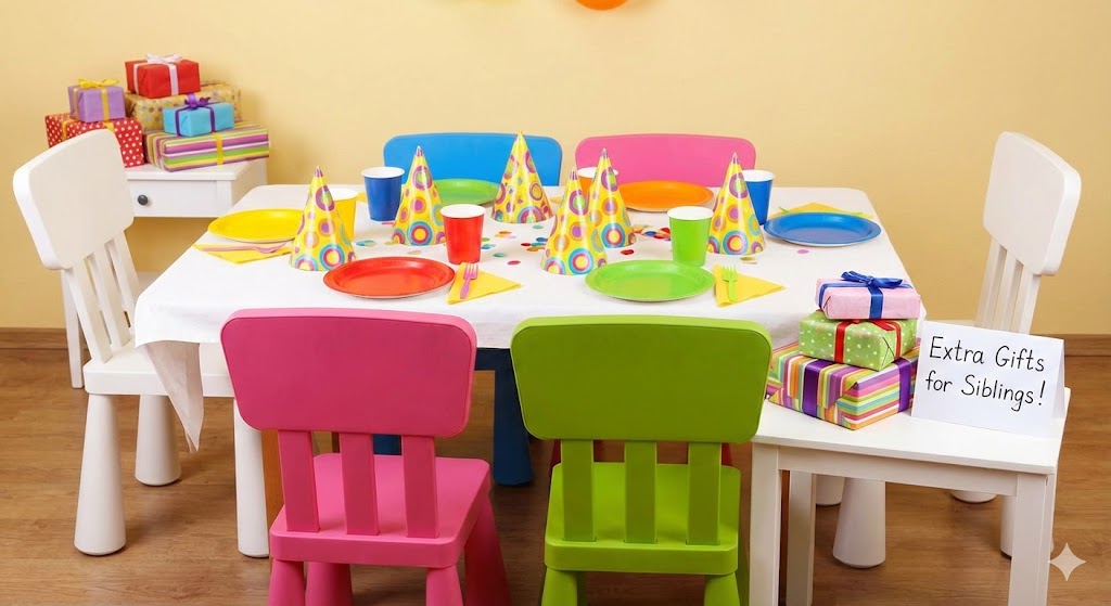 Kids' party table with a sign for "Extra Gifts for Siblings" and extra chairs to accommodate uninvited guests.