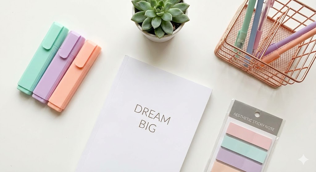 Flatlay photograph of aesthetic teen return gifts, including pastel highlighters, a minimalist notebook with a "DREAM BIG" quote, a rose gold wire desk organizer, and a pack of aesthetic sticky notes.