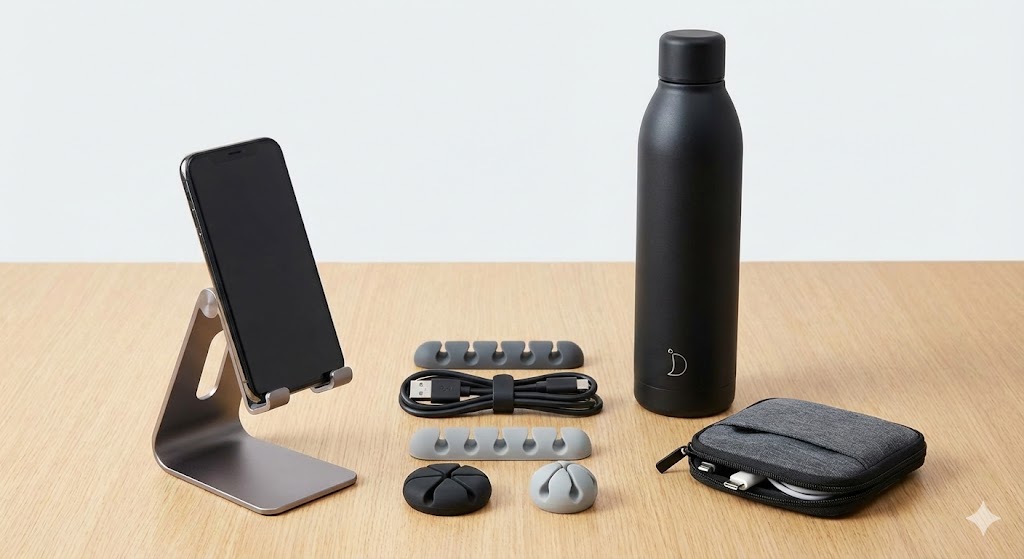 A collection of cool tech and utility return gifts for teenagers, including a stylish metal phone stand, a matte black water bottle, a set of silicone cable organizers, and a small tech accessory pouch.