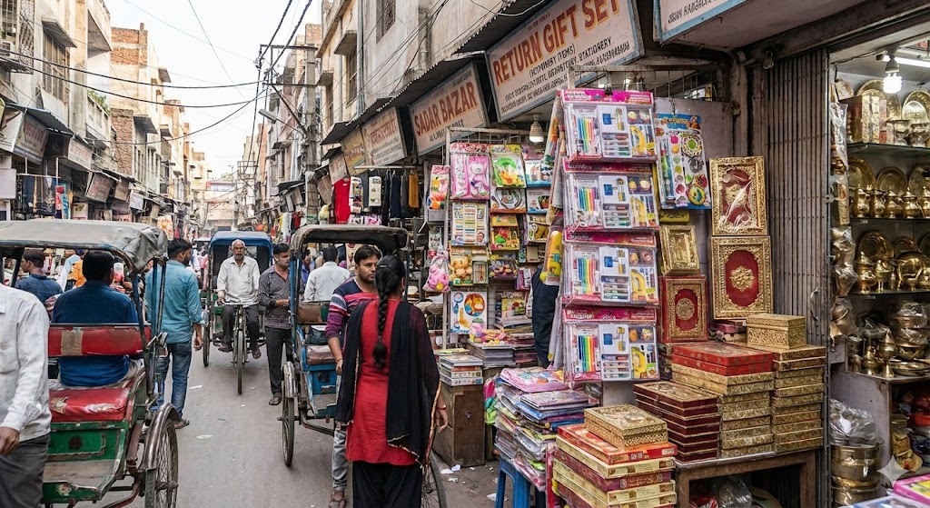 Busy wholesale market street in India, like Sadar Bazar, with shops selling return gifts, stationery, and toys in bulk.