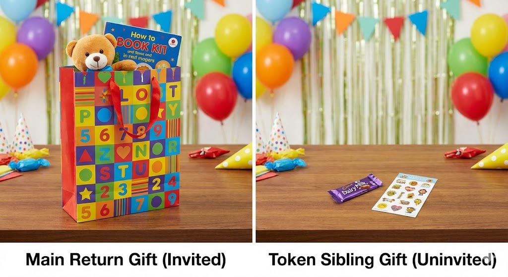Side-by-side comparison photo showing a large, filled return gift bag for an invited child and a small chocolate bar and sticker sheet as a token gift for an uninvited sibling.