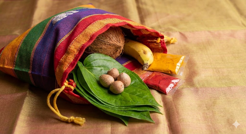 Close-up of fresh green betel leaves and betel nuts on a banana leaf, symbolizing prosperity and blessings in Hindu culture.