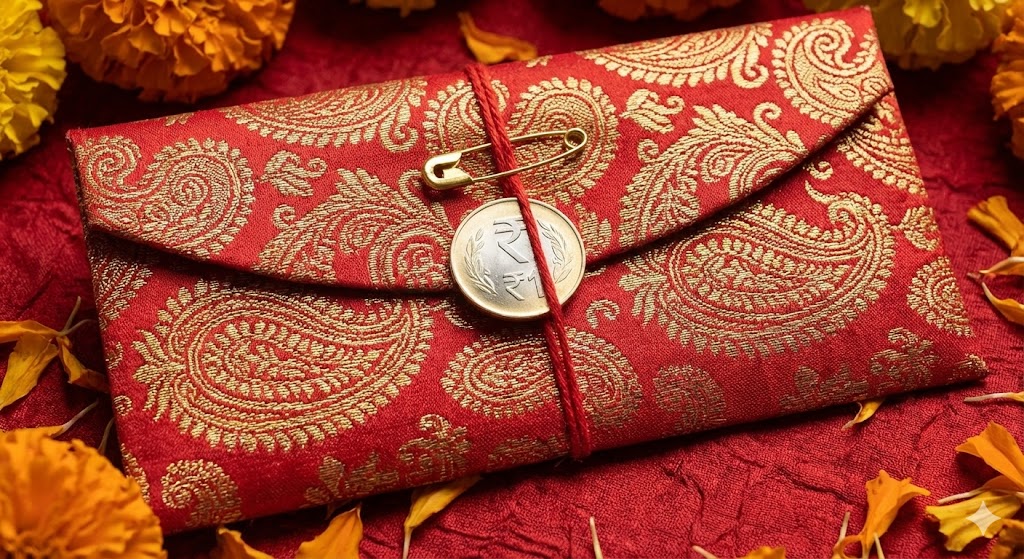 A traditional red and gold silk Shagun envelope with a ₹1 coin attached, symbolizing an auspicious gift in Indian culture.