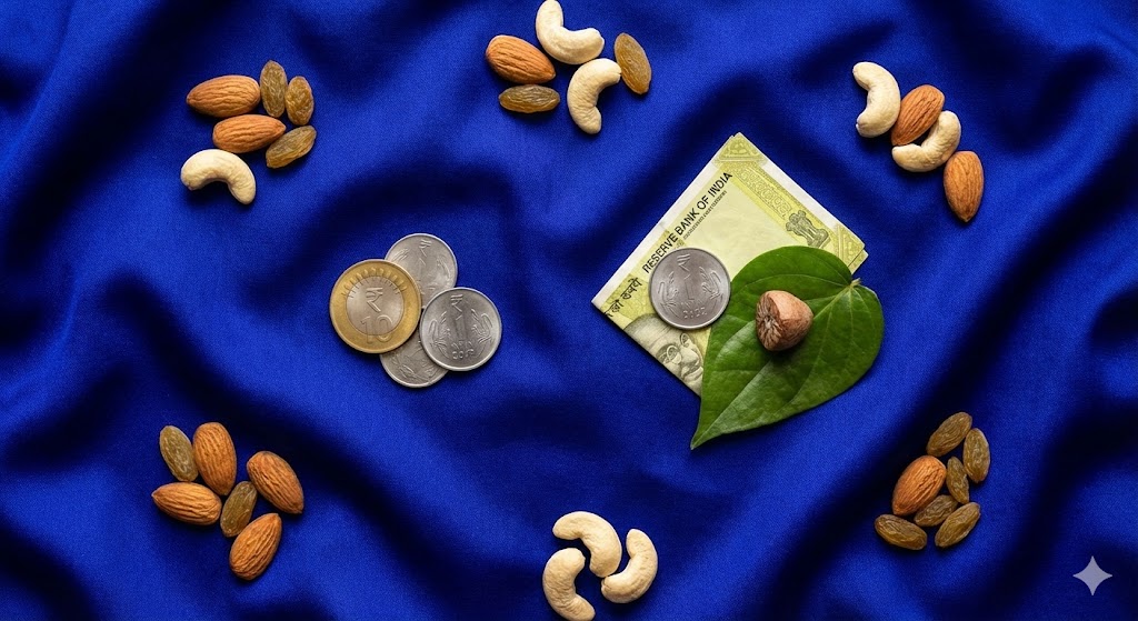 Flatlay showing auspicious Shagun denominations of ₹11 (coins) and ₹21 (note, coin, betel leaf) with dry fruits on a blue silk background.