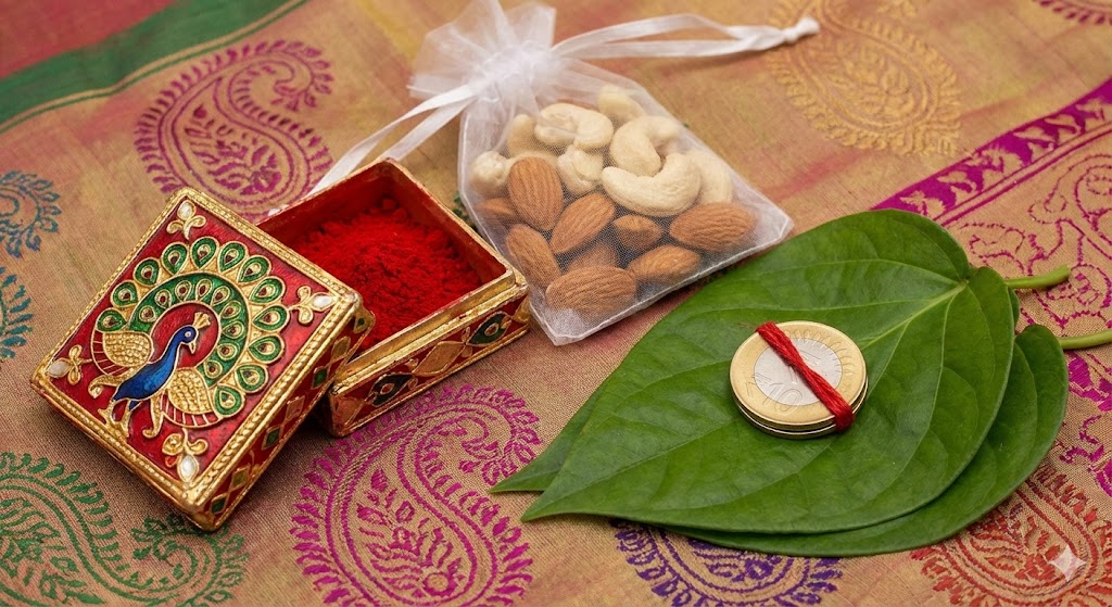 Traditional North Indian Godh Bharai return gift set featuring a decorative kumkum box, a pouch of dry fruits, and an ₹11 shagun coin on betel leaves.