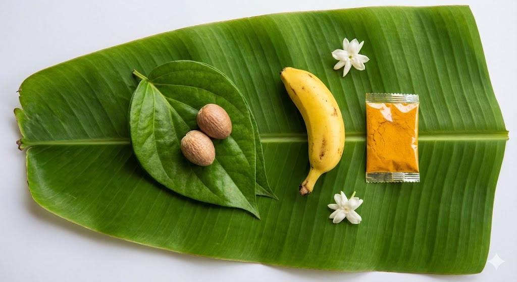 South Indian Thamboolam return gift for Godh Bharai, showing betel leaves, areca nuts, a banana, and a turmeric packet on a banana leaf.