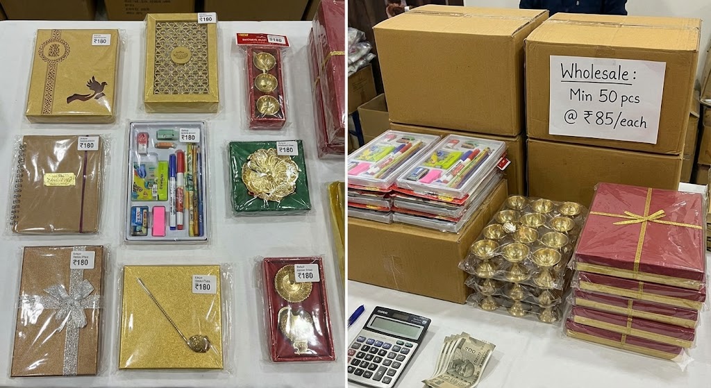 Side-by-side comparison showing retail return gifts with individual price tags versus bulk wholesale cartons with a minimum order quantity sign and lower pricing.