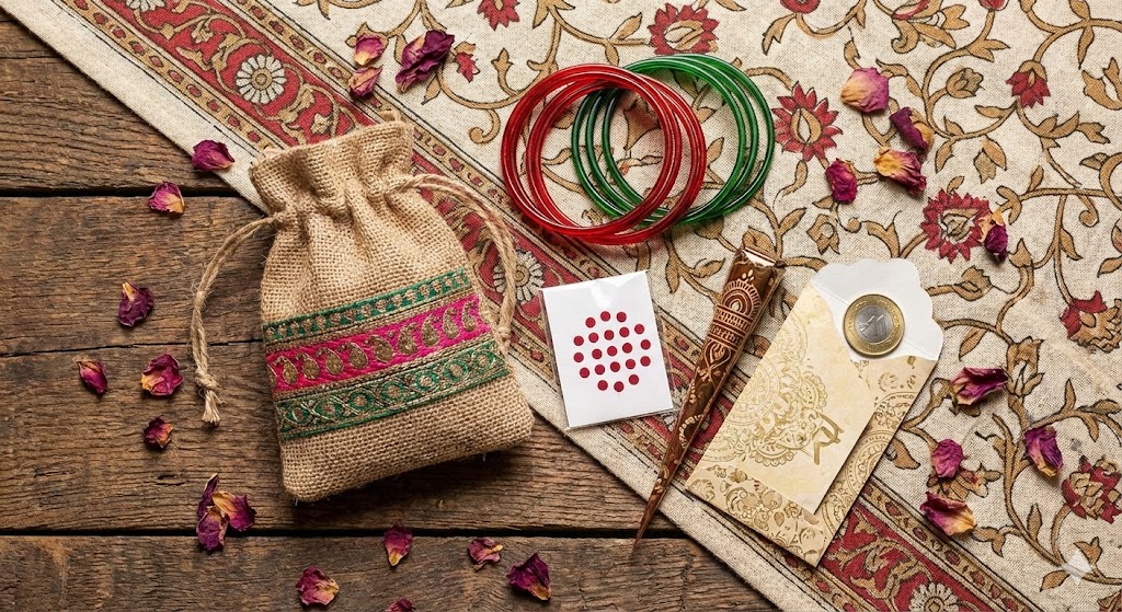A Mehendi ceremony return gift set for guests, featuring glass bangles, a henna cone, a bindi pack, and a shagun envelope on a decorative cloth.