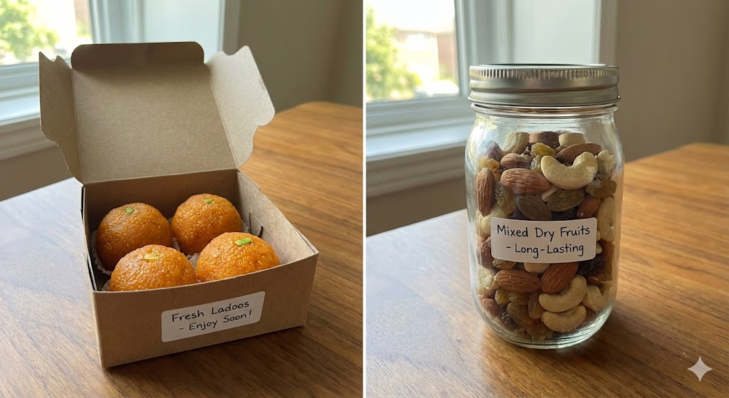 Side-by-side comparison showing fresh motichoor ladoos with a short shelf life versus a long-lasting jar of mixed dry fruits for return gifts.