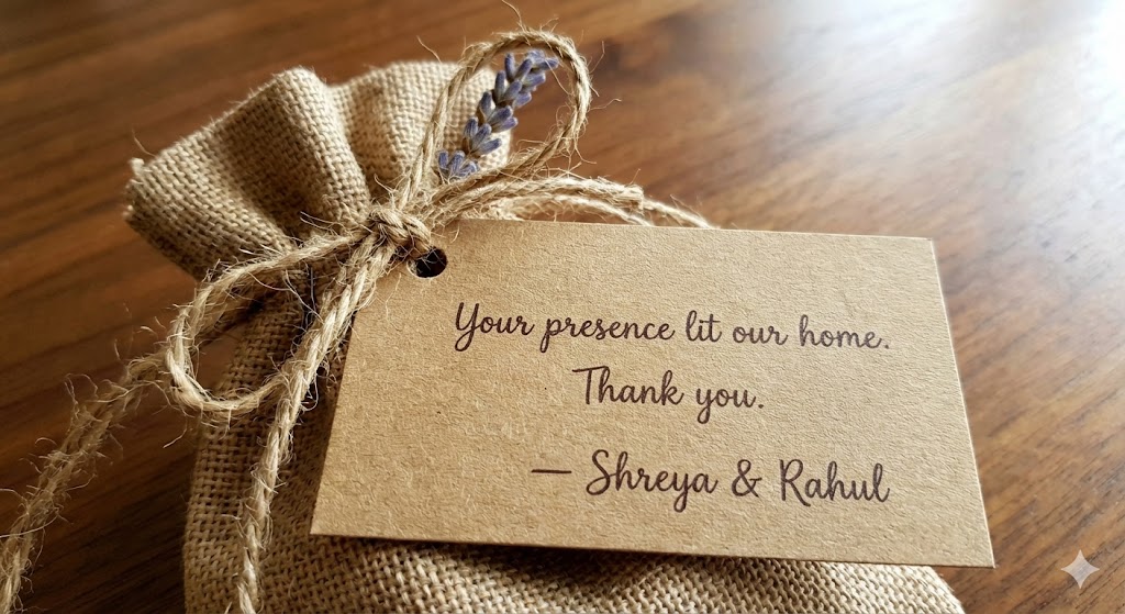 A close-up of a small, handwritten thank-you note tied to a rustic jute return gift pouch with twine