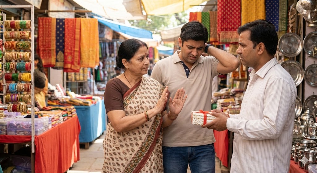 An older Indian woman smiling warmly while graciously accepting a small return gift pouch with both hands at a family function