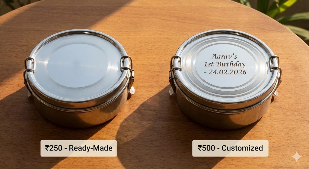 Side-by-side comparison of a plain stainless steel tiffin box and an expensive, fully customized return gift box with printed names.