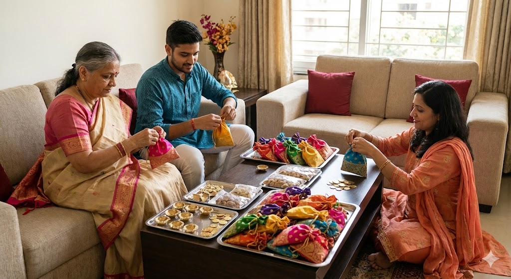An Indian family sitting together in a living room, working in an assembly line to quickly pack brass diyas and dry fruits into colorful potli bags for return gifts.