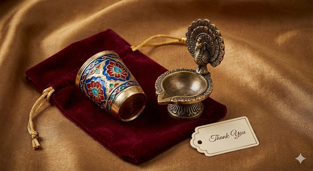 Premium-looking traditional Indian return gifts under ₹100, featuring a Meenakari glass and antique brass peacock diya on a velvet pouch