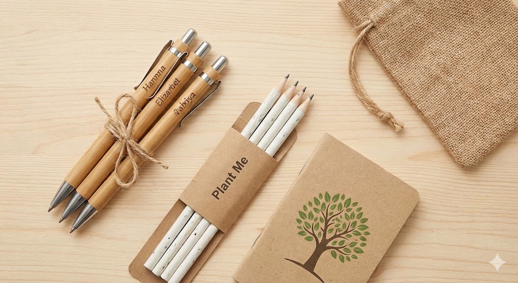 Eco-friendly return gift set with personalized bamboo pens, plantable seed pencils, and a recycled notebook, all under ₹100.