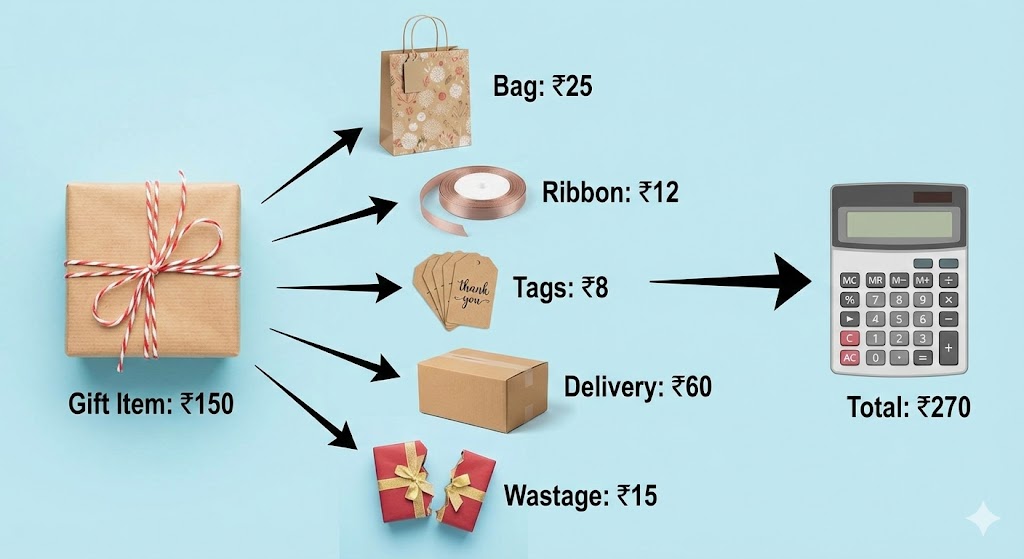 Infographic showing the hidden costs of a ₹150 return gift, including packaging, ribbons, tags, delivery, and wastage, totaling ₹270.