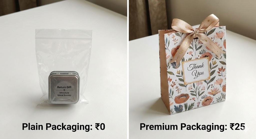 Side-by-side comparison of a small metal tin in a plain plastic bag versus the same item in a premium printed gift bag with a ribbon and thank you tag, illustrating the cost difference