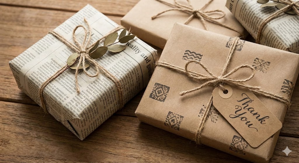 Beautifully wrapped return gifts using old newspaper and stamped brown kraft paper tied with jute twine and tags.