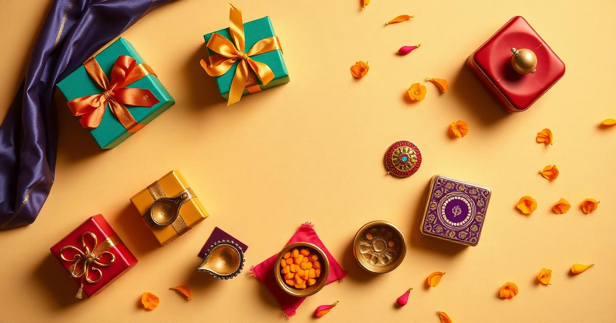 Colorful Indian return gifts arranged on a warm cream background